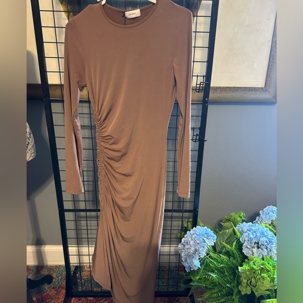 Lanston NWT body on shirred ruched dress. Mocha Mousse is color. Revolve brand
